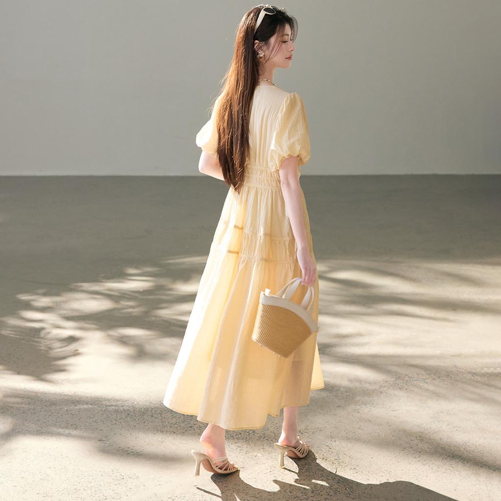 26 Year New Bubble Sleeve Princess Style A-line Skirt, Elegant and High-end Summer Dress, V-neck Slimming Fairy Dress, Dress