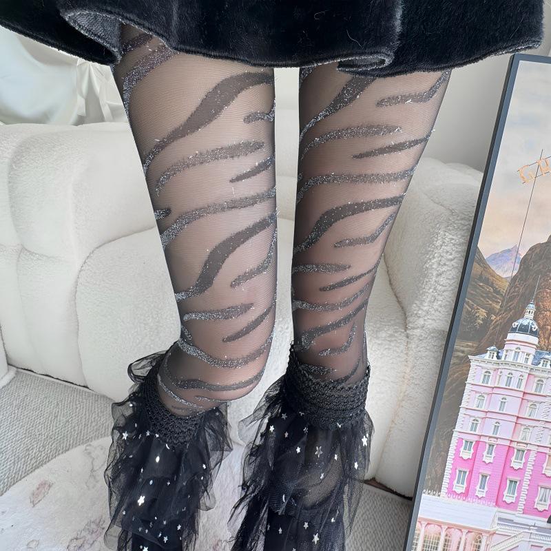 Silver Thread Black Leopard & Zebra Print Sexy Tights - European/American Style, Slim Fit Jacquard Stockings. One Size чёрный