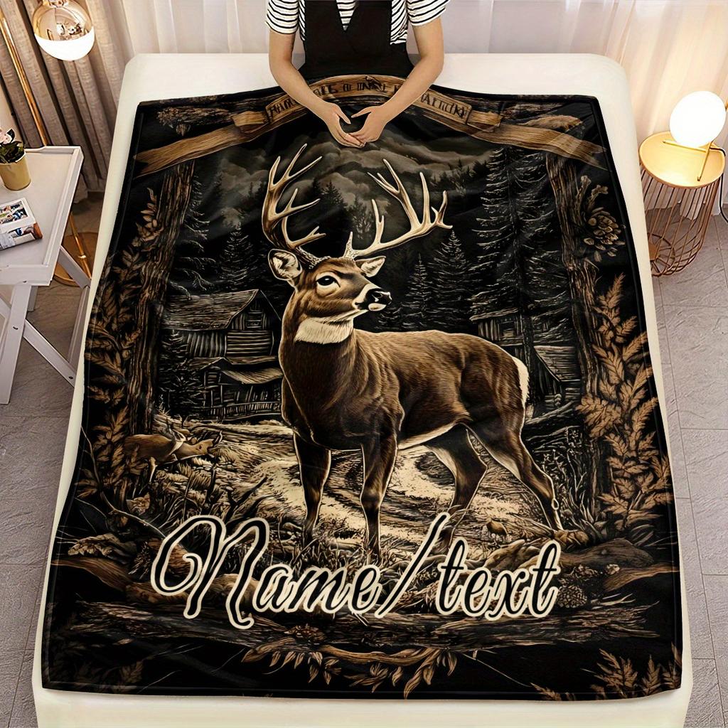 Custom Deer Hunting Fleece Blanket Personalized Name Text Forest Cabin Print Throw Soft Warm All Season Bedding Gift For Hunters