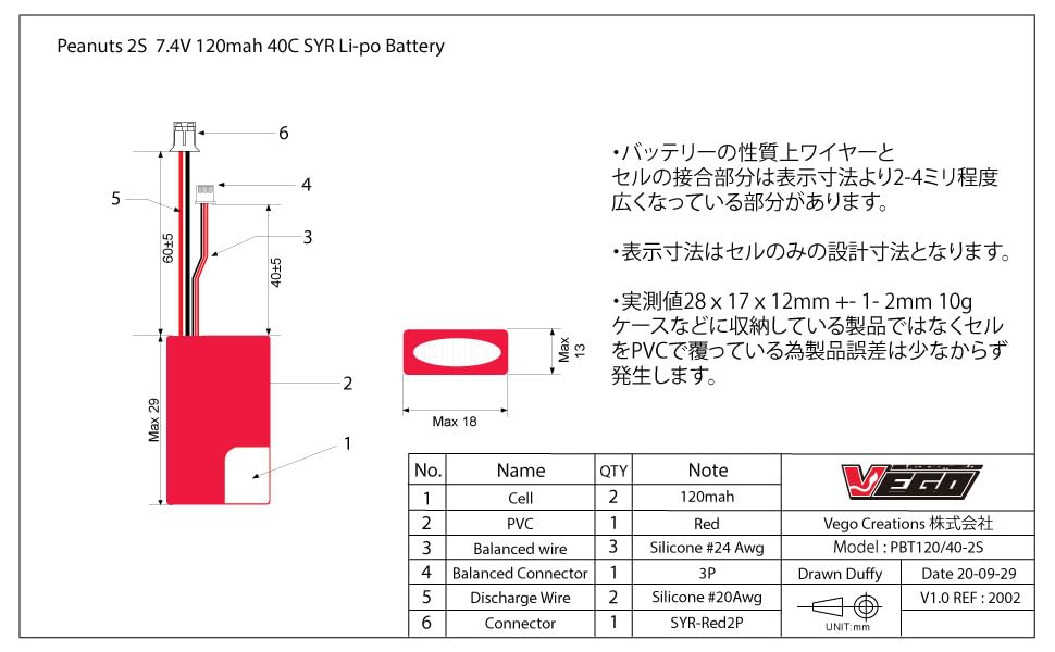 [Peanuts] 2S 120mAh 40C LiPo Battery, Set of 2, Ideal for Hand Launch Gliders and Micro-Sized RC Cars
