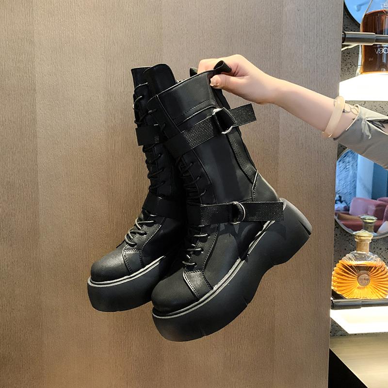 

Motorcycle Boots Women Shoes English Style Versatile Fashion Lace-up Short Boots Round Head Thick Bottom Black Pu Material Adult 40 чорний