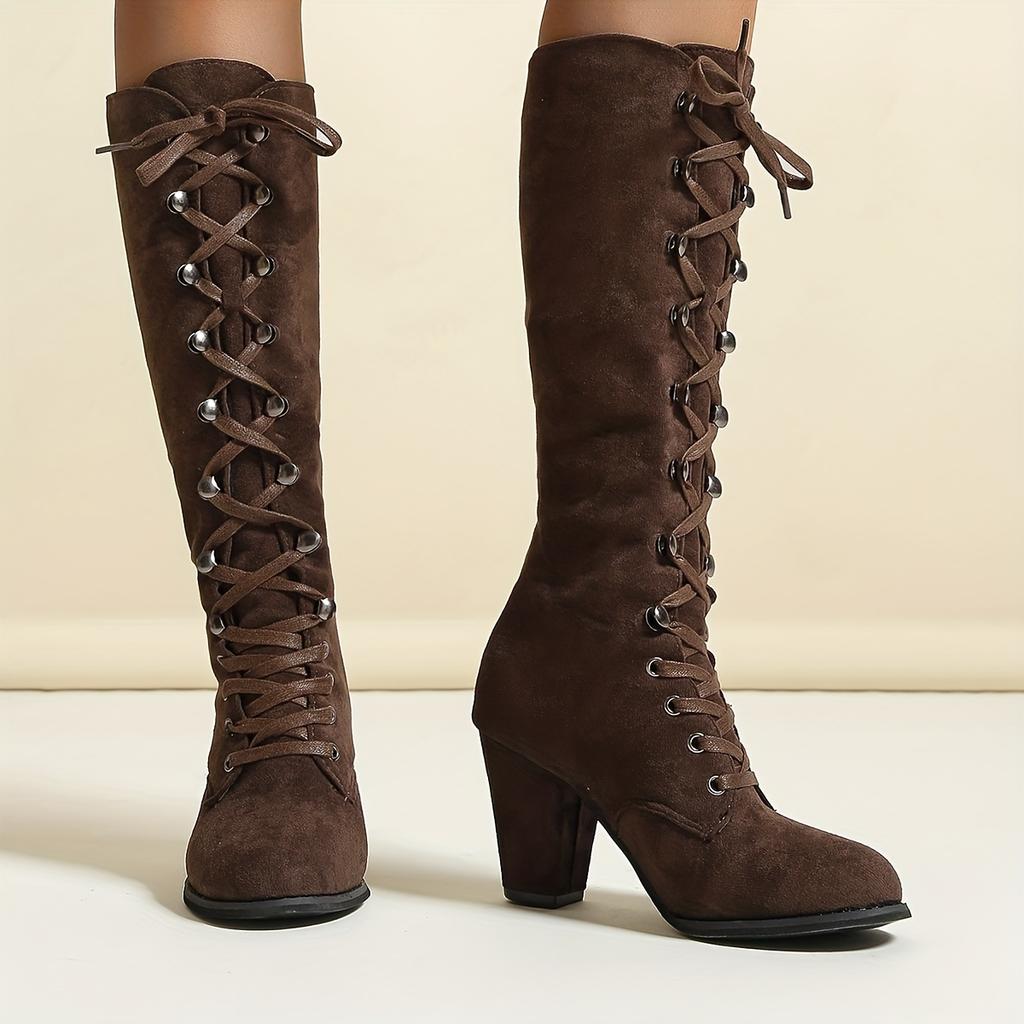 Damen Kniehohe Stiefel - Schnürstiefel mit Rundem Zehenpartie, Lässige Stiefel mit Blockabsatz, Wildleder Obermaterial & Robuste Gummisohle, Bequeme Winterstiefel