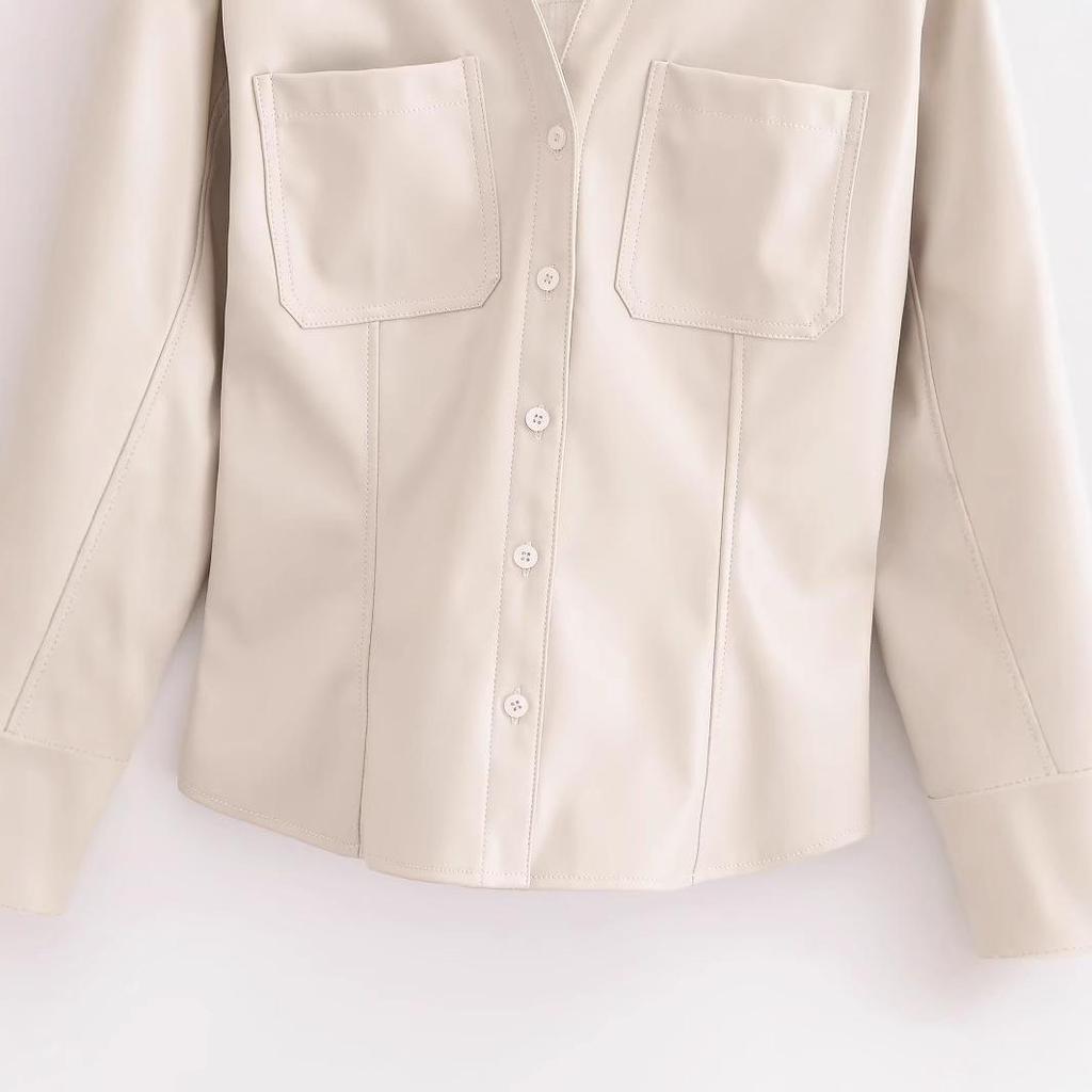 2024 Women's European & American Style Slim Fit Faux Leather Shirt