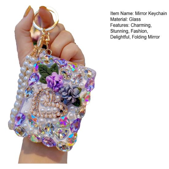 Rhinestone Mirror Keychain Bling Folding Keyring Pendant Beaded Makeup Mirror Wristlet Bag Charm for Car Keys