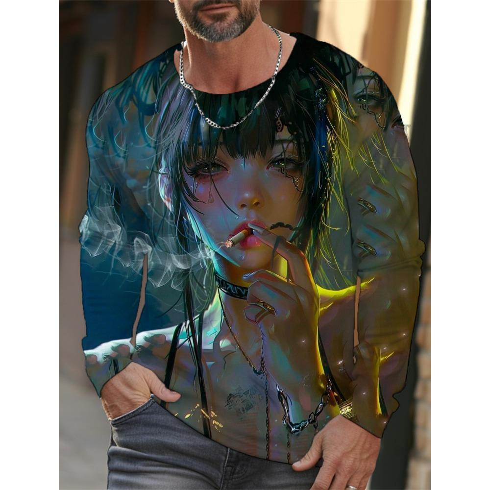 new men's long-sleeved T-shirt 3D printing HD anime tattoo beauty printing men's autumn tops casual round neck home clothes