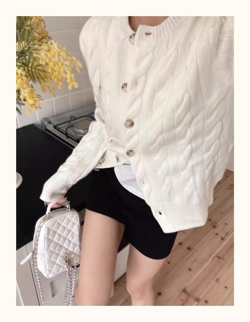 Korean Style Embroidered Pony Logo Knit Cardigan, Versatile Autumn Winter Round Neck Cable Sweater for Women