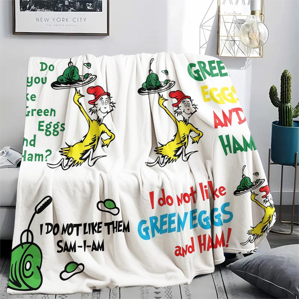 1PC Green Eggs and Ham Print Flannel Blanket, High quality All Seasons, Home Decor, Warmth and Comfort, Perfect for Christmas Gifts