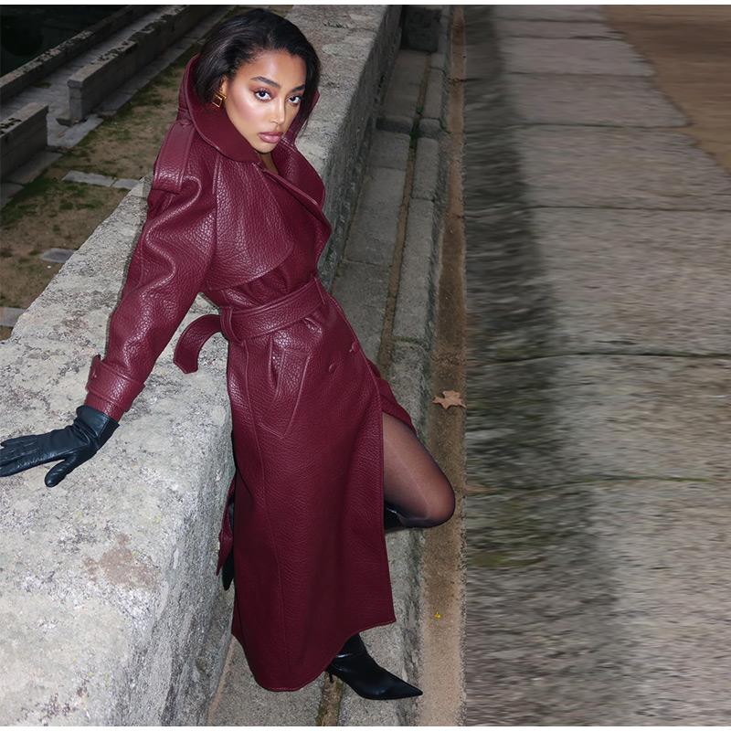 Street Vintage Long Leather Jacket Women Double Breasted Lapel Lace Up Full Sleeve Belt Jackets 2025 Spring Fashion Lady Outwear