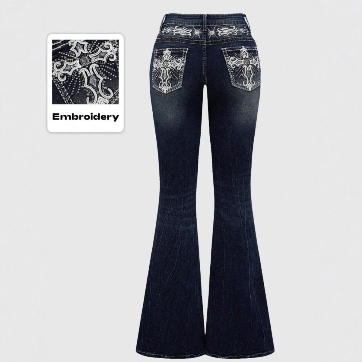 RogueWave Jeans Schlaghosen Damen Vintage Boot Cut Stickerei Taschen Strass Steine Gewaschen Damen Used Denims Hosen Streetwear M black