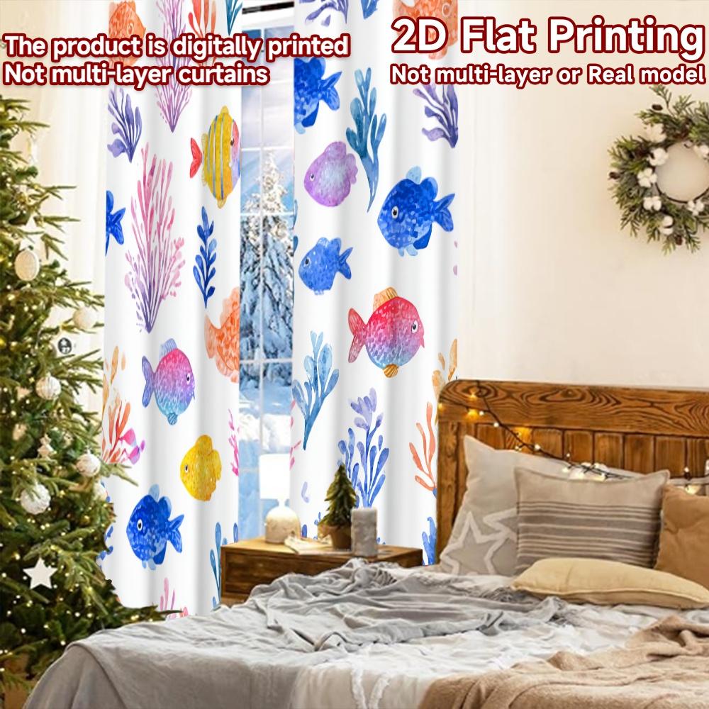 2pcs, 2D FLAT PRINTING Curtains (Without Rod) Ocean Fauna Christmas Festival Chic Print Curtains Yarn Curtains Room Decor