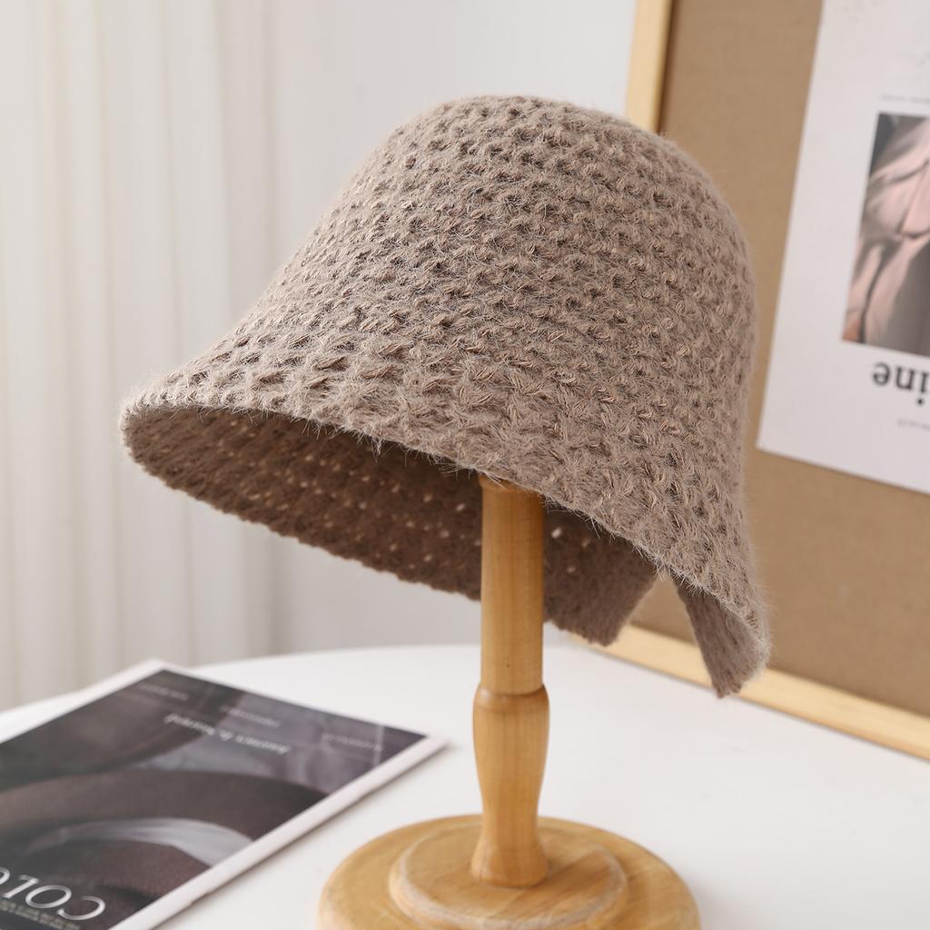 French Style Round Top Knit Bucket Hat - Women'S Winter Fisherman Cap With Hollow-Out Design, Warm Rolled-Edge Outdoor Headwear