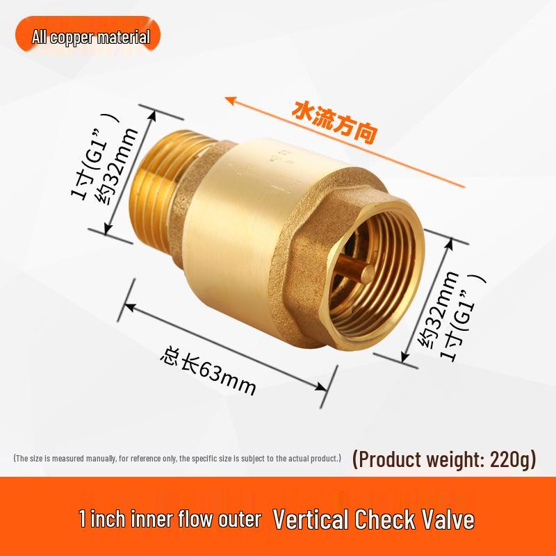 All-Copper 1-Inch Vertical Spring Check Valve with Male/Female Threads, One-Way Backflow Preventer for Water Pipes and Meters.