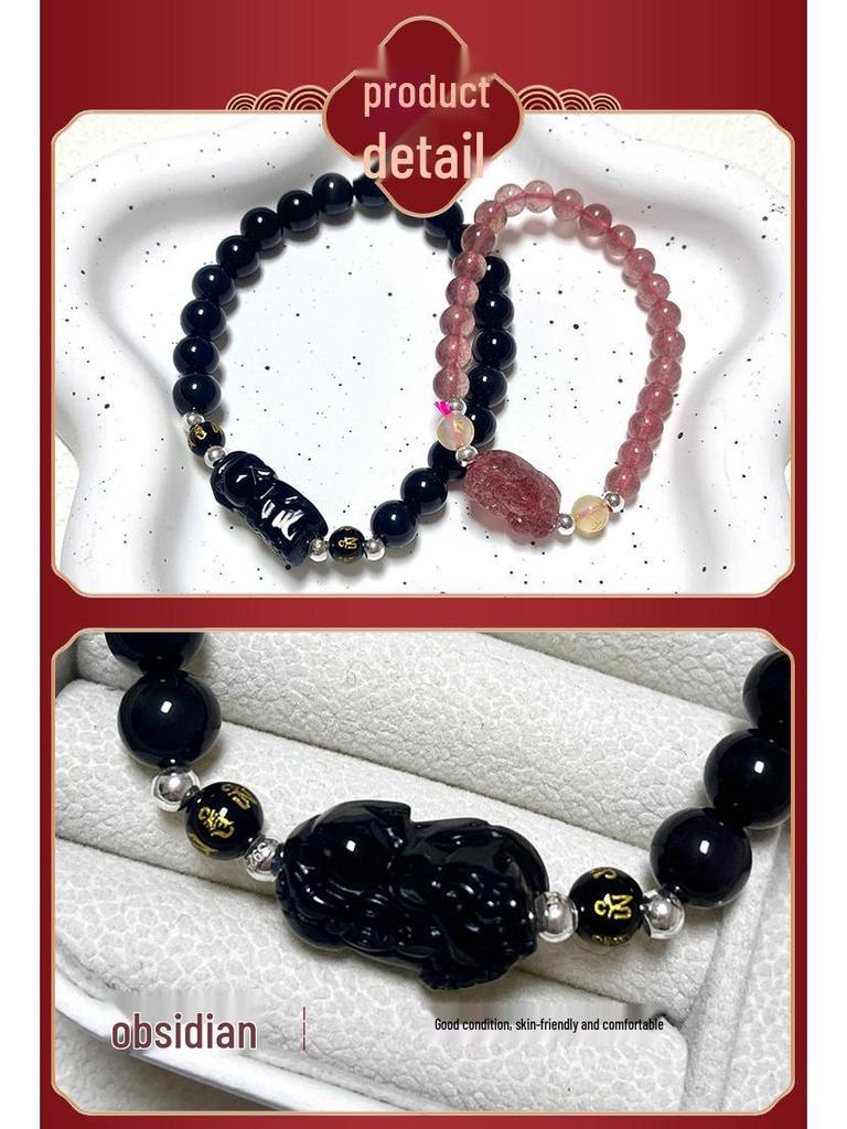 Armband aus natürlichem Kristallobsidian mit Erdbeerkristall-Pi Xiu, leichter Luxus, hochwertiger Damenschmuck