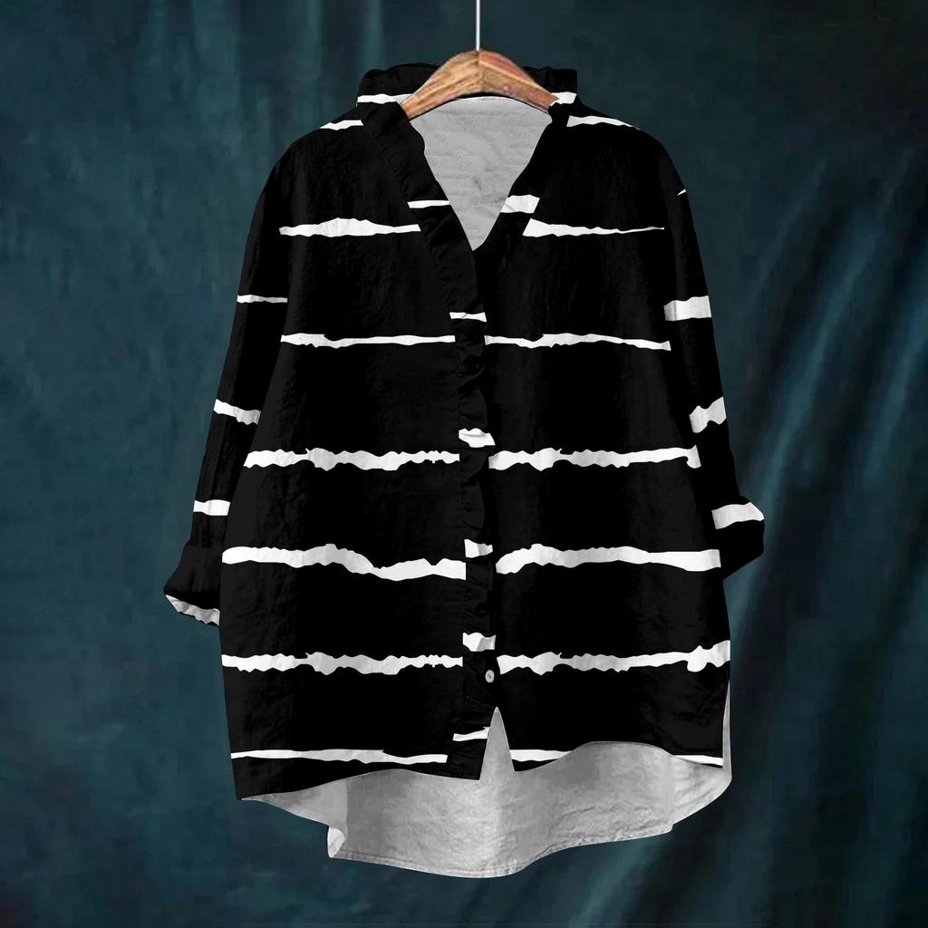 Dame Løs Volangert Blomstert Trykk Ståkrage Langermet Bomull og Lin Topp