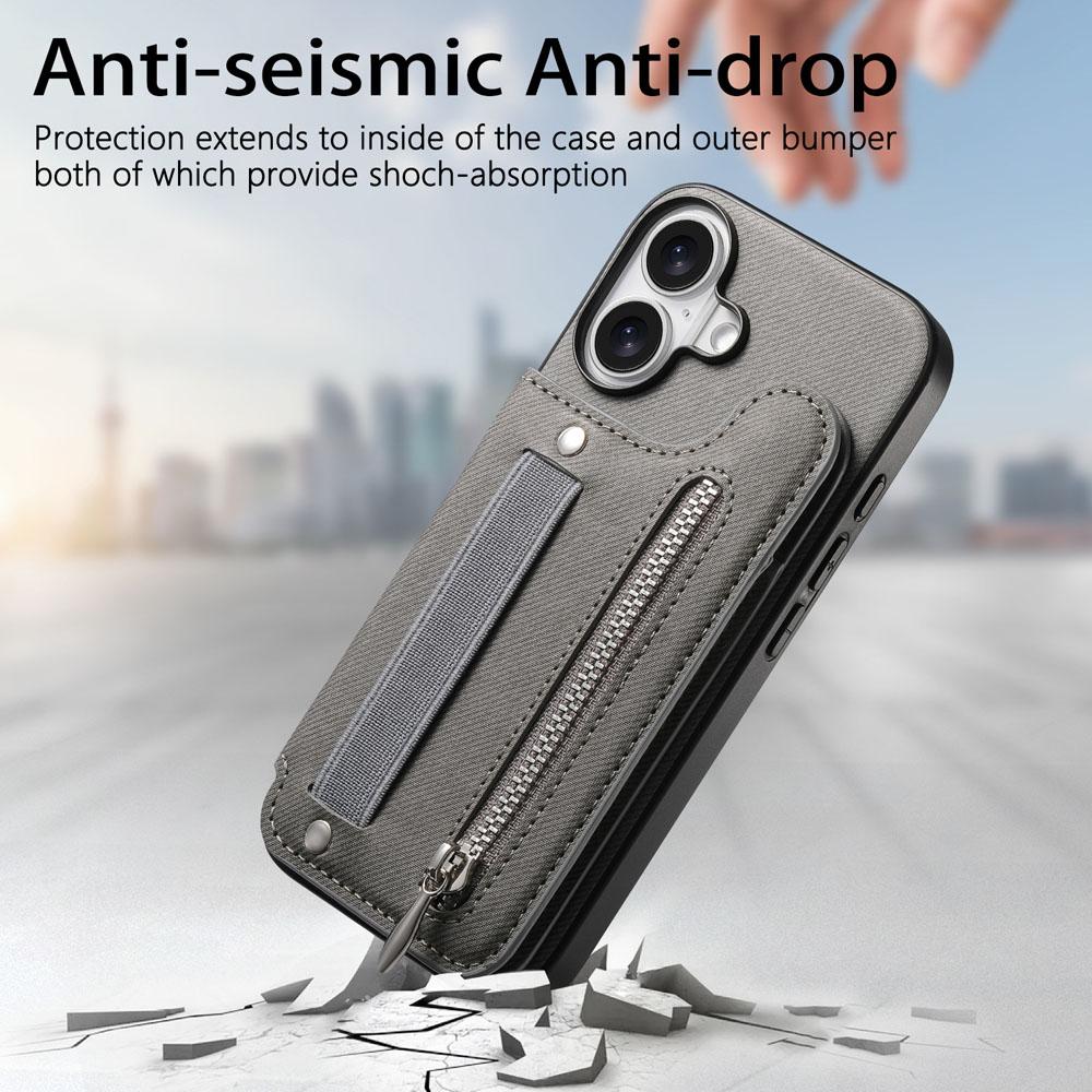 Zipper Cards Solt Wallet Leather Case for iPhone 16 15 13 Pro Max 14 Plus 16Pro 15Pro Elastic Rope Wrist Leather Cover