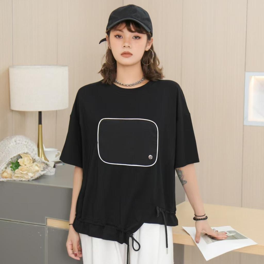 DIMANAF 2025 Summer Pocket T-shirt Women Printing Asymmetrical Full Sleeve Loose White Black