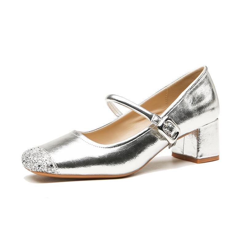 Sheepskin not tired feet single shoes square head rhinestone one-word buckle medium thick heel Mary Jane shoes women's high heel ballet shoes