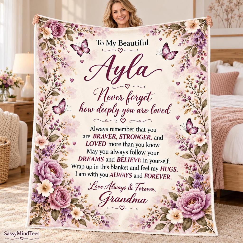 Personalized Granddaughter Fleece Blanket from Grandma, Custom Name Floral Butterfly Blanket, Encouragement Keepsake for Granddaughter