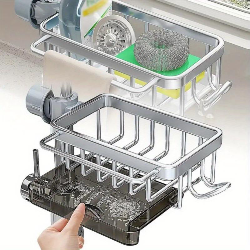 1PC Kitchen Space Aluminum Sink Drain Rack Sponge Storage Faucet Holder Soap Drainer Pan Basket Organizer Bathroom Accessories