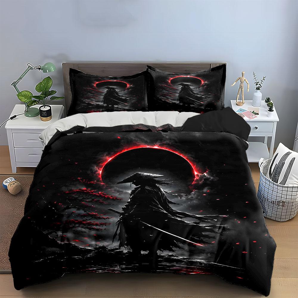 Samurai Warrior Under Eclipse Bedding Duvet Cover Set (1*Duvet Cover 2*Pillowcases, Without Duvet Insert)