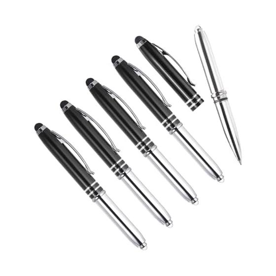 YOKIVE 5-Pack Pens with Stylus and LED Light, 3-in-1 Black Ink Metal Ballpoint, 1.0mm Medium Point, Touchscreen Compatible (Black)