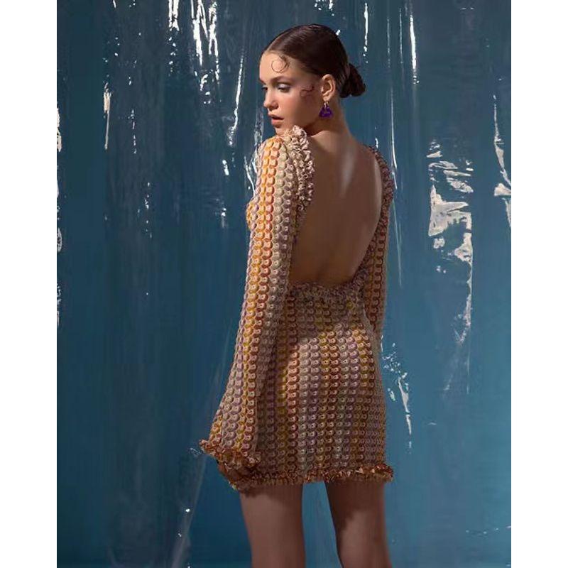 

Western Style Sexy Lace Backless Dress Sexy Contrasting Backless Dress Brown flower color L