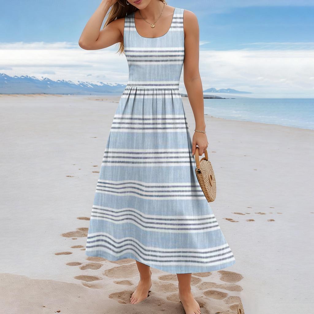 Ladies' striped summer casual and fashionable sleeveless long dress