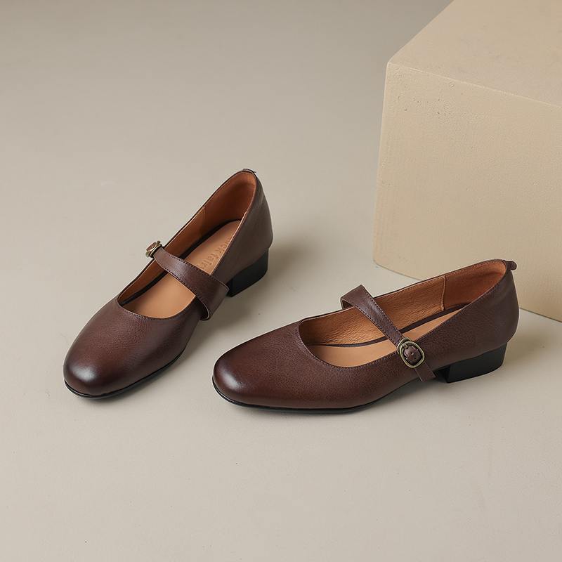 Hovězí kůže s kulatou špičkou tlusté střední podpatky podzimní boty Mary Janes pevné dámské lodičky