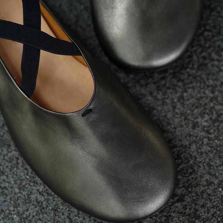 Cowhide version~ round head crossed strap flat-soled ballet shoes retro black single shoes women's shallow mouth Mary Jane small leather shoes
