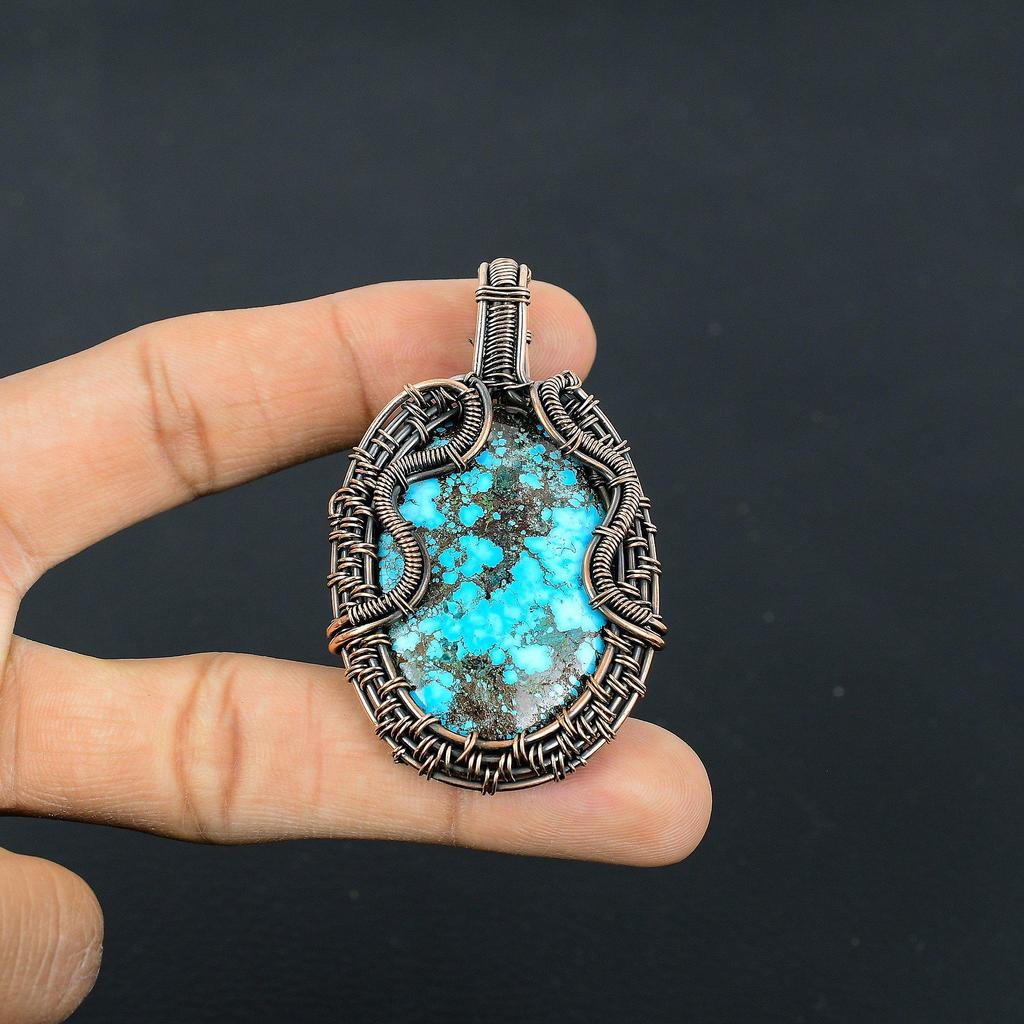 Tibetan Turquoise Pendant, 999 Copper Wire Wrapped Gemstone Jewelry, Handmade Pendant, For Thanksgiving
