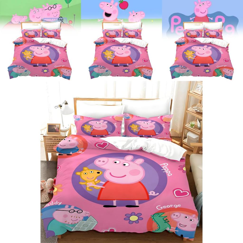 Peppa Pig Cartoon Bedding Set With Active Printing Microfiber Quilt Cover And Pillowcases For Kids Room Decor
