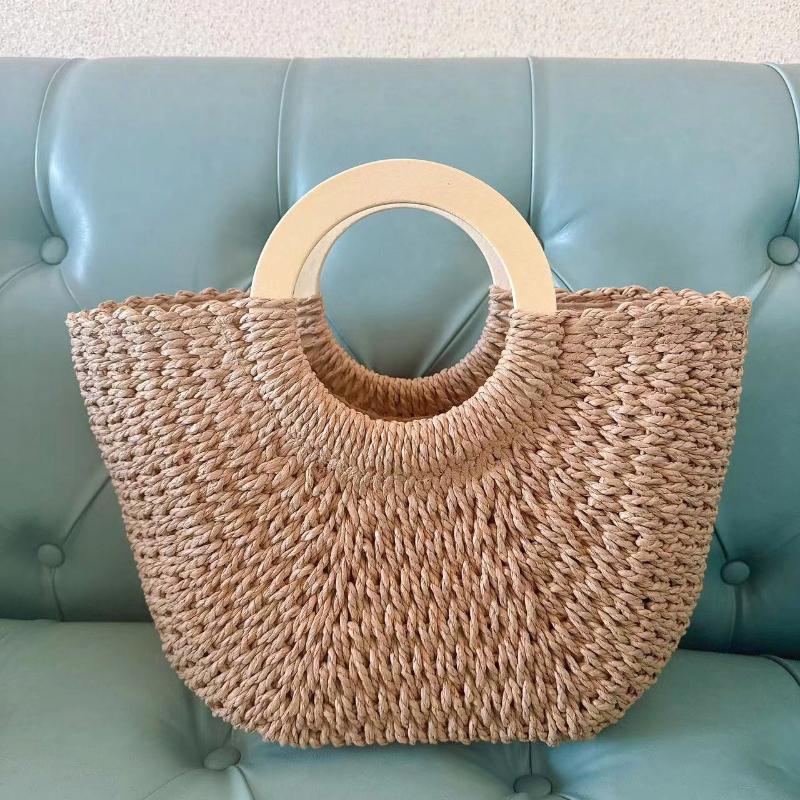 Přírodní bohémská ručně tkaná taška z papírového provazu s dřevěným uchem - Lehká, velkokapacitní taška na pláž, dovolenou, cestování