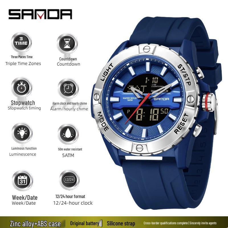 

Sanda Dual Display Men s Watch: Multi-function, Classic, Trendy, Cool Electronic with Three-zone Time and Alarm.