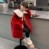Girls' Fashionable Red Wool Coat with Velvet, 2025 Winter New Style for Big Child - Perfect New Year's Outfit