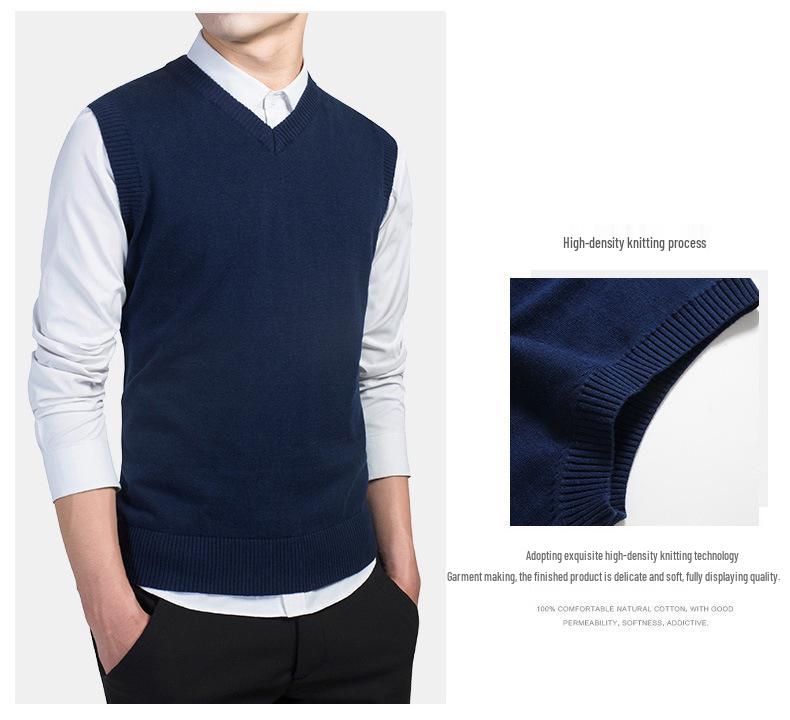 Men's Solid V-Neck Wool Knit Vest - Sleeveless Pullover for Spring and Autumn