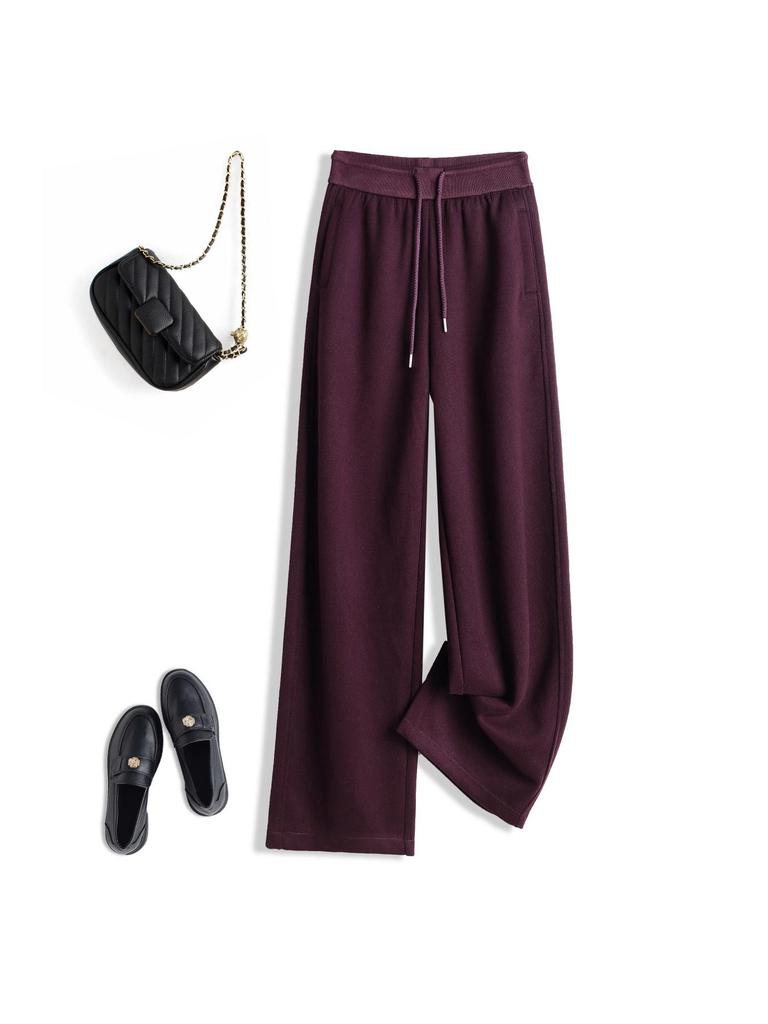 Women's Light Grey High-Waist Wide Leg Wool Pants - Casual Autumn Floor-Length Straight Sport Trousers