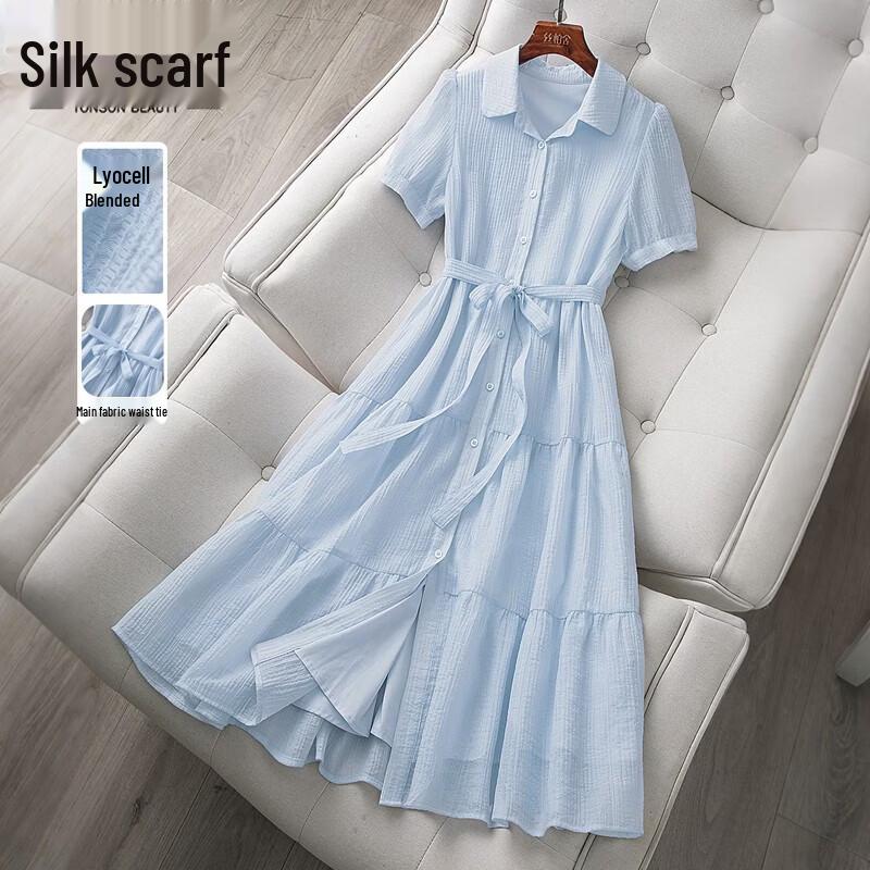 Women s Lyocell Lapel Waist-Cinching Shirt Dress S