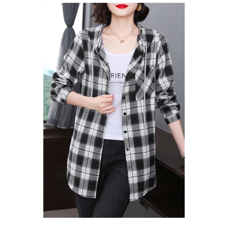 Women's Spring and Autumn 2025 New Stitched Hooded Button Lace Plaid Fashion Versatile Casual Long Sleeve Shirt