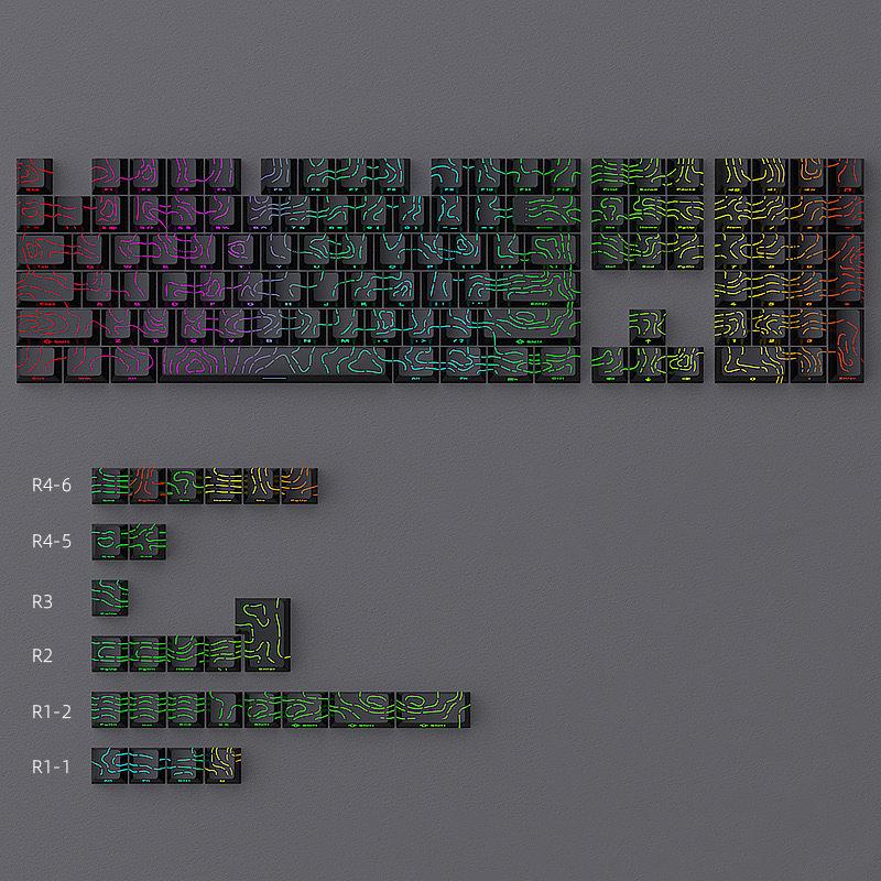Topographic Keycaps Contour Lines Shine Through 98 Key PBT Cherry Profile Side Print Backlit for MX Gamer Mechanical Keyboard