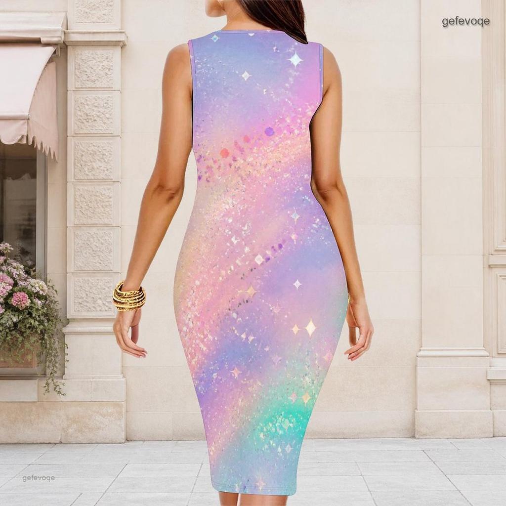 Women Plus Size Round Neck Sleeveless Printed Bodycon Midi Dress