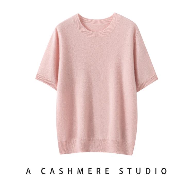 Twelve-Needle Women's Solid Cashmere Knit Pullover: Flat Round Neck, Short-Sleeved, Versatile Design
