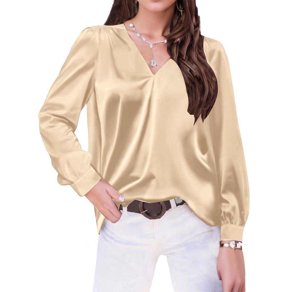Women's V,Neck Casual Loose Satin Ruched Long Sleeve Work Blouse