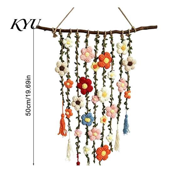 Handcrafted Fabric Wall Hanging Crochet Flower Garden Hanging, Colorful Knitted Tapestry, Handmade Boho Whimsical Tapestry Farmhouse Art for