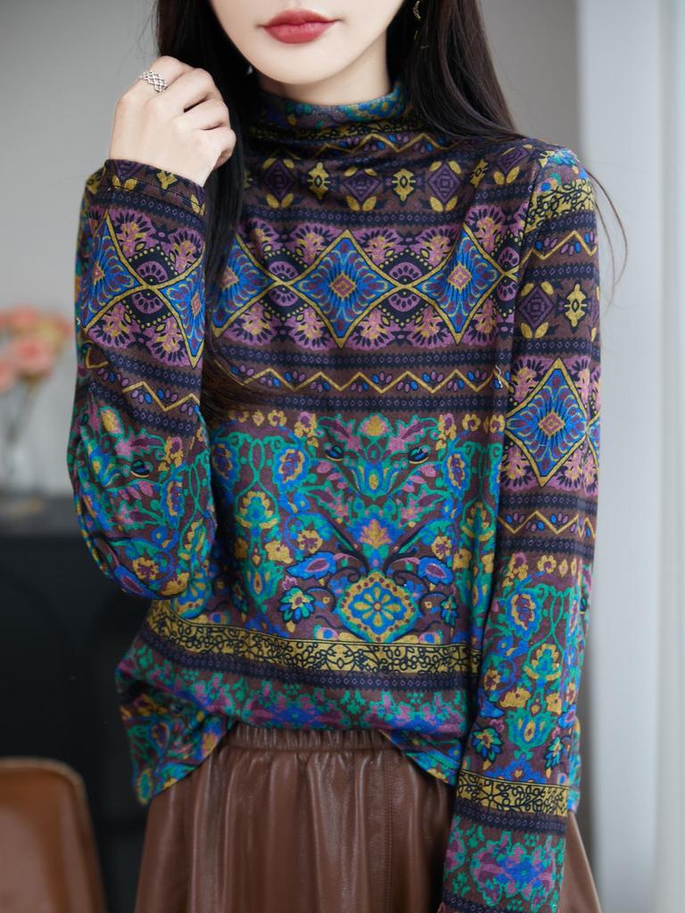 Women's Ethnic Retro Embroidered Wool Sweater – Half-High Collar Jacquard Knit for Autumn/Winter