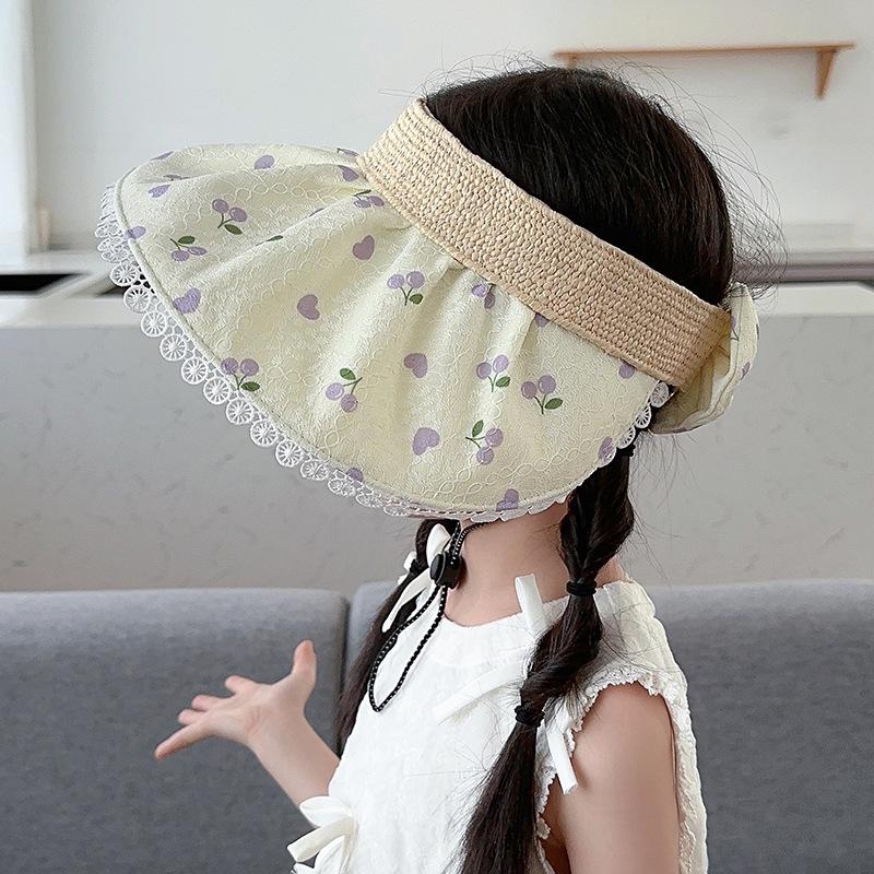 Spring Summer Hats For Girls Children Lace Flower Empty Top Sun Hat Outdoor Adjustable Foldable Sunhat Casual Beach Travel New