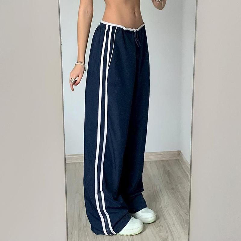 Women's Street Sports Webbing Colour Collision Casual Trousers Spring and Summer New Elastic Waist Tie Loose Wide Leg Trousers Tide