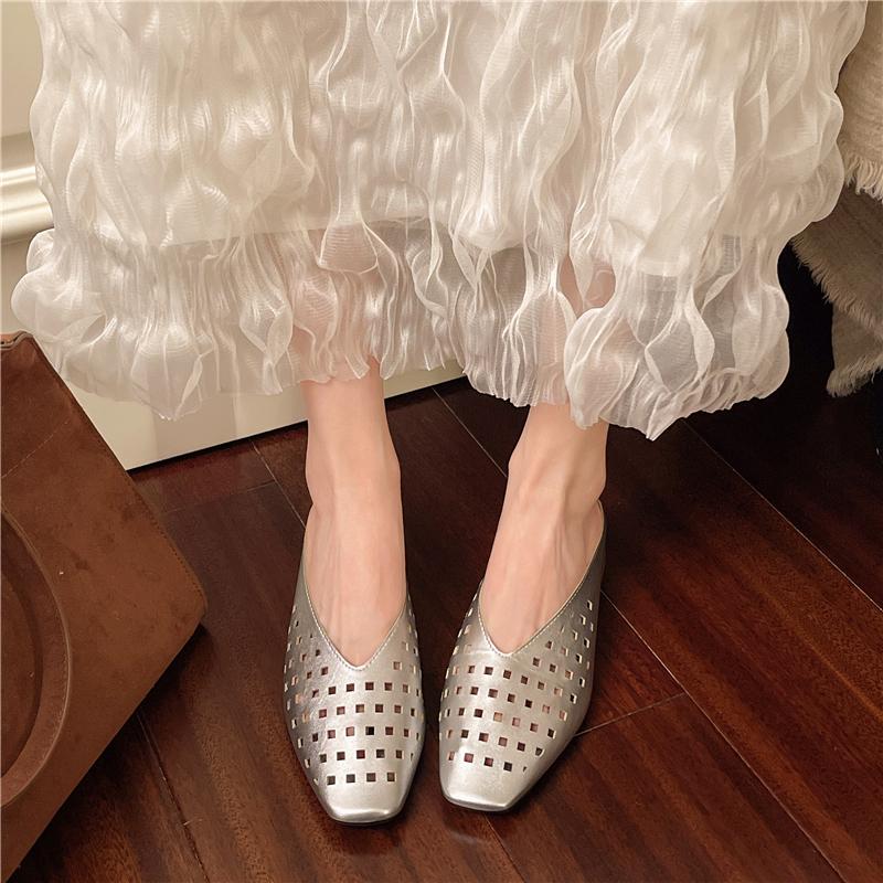 Square Toe Shallow Mouth Air Leakage Hole Soft Sole Non-slip Low Heel Shoes Summer New Baotou Soft Sole Slippers