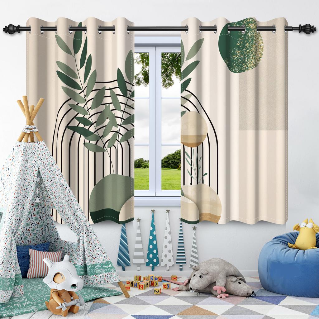 2Pcs Bohemian Style Curtains Plants Leaf Geometric Pattern Blackout Curtains Boho Window Curtain for Bedroom Apartment Decor