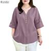 Women Casual V-Neck Solid Color 3/4 Sleeve Loose Blouse