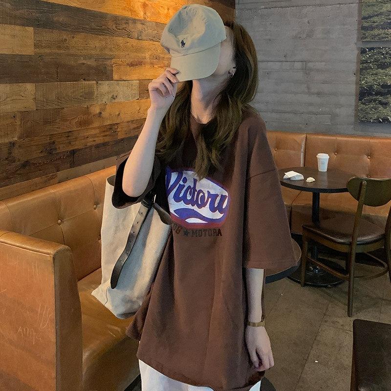 

Pure cotton new loose large size medium and long printed short-sleeved T-shirt women s top 3XL колір темно кави
